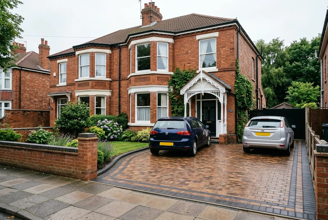 Red-brick Edwardian semi in Hull with a newly laid brindle block paving driveway