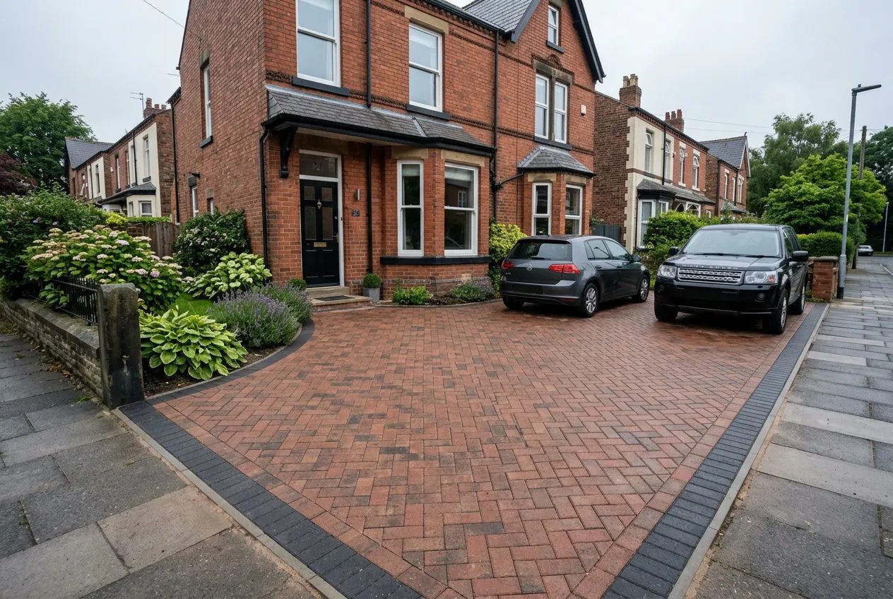 Brindle herringbone block paving driveway with charcoal border before a red-brick Victorian terrace