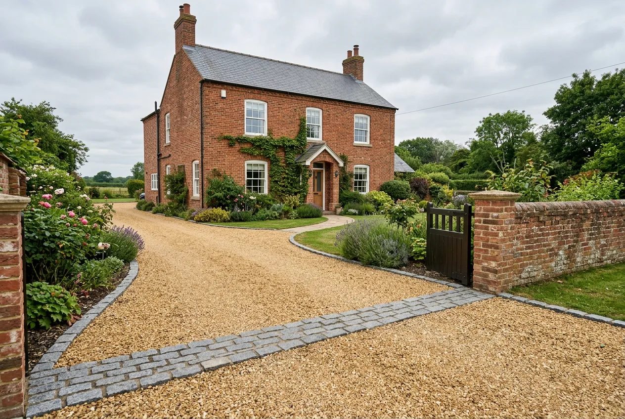 Golden gravel driveway with granite sett edging before a red-brick period house