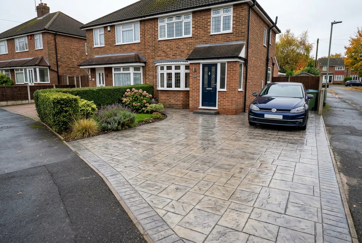 Ashlar slate pattern imprinted concrete driveway in muted grey buff