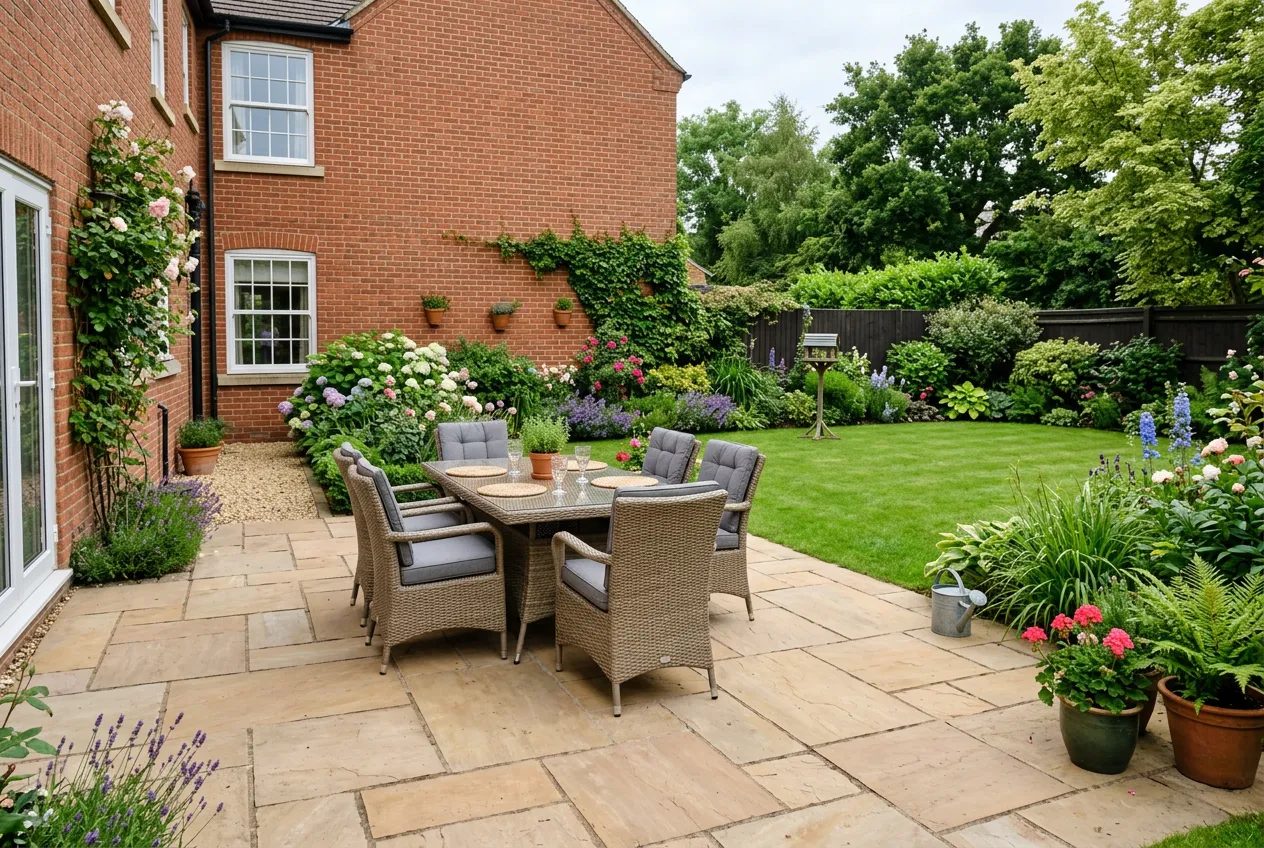 Natural sandstone patio behind a red-brick semi