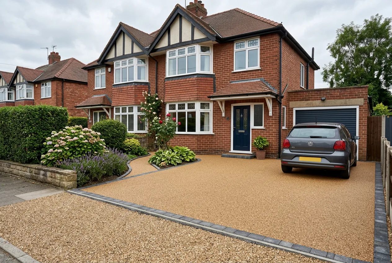 Golden resin bound driveway on a 1930s red-brick semi