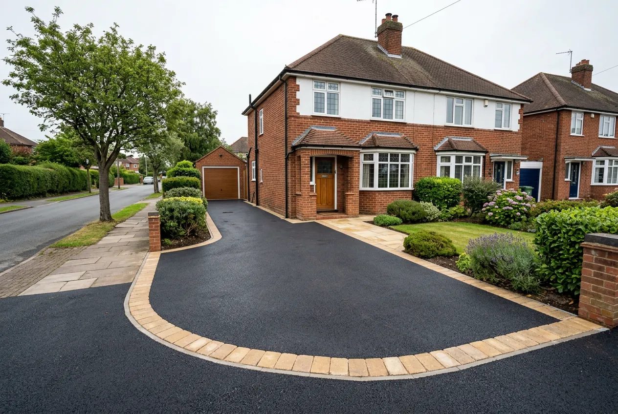 Fresh black tarmac driveway with block paving edging on a red-brick semi